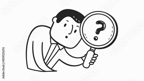 Man searching with magnifying glass question mark vector illustration flat black and white