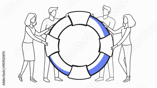 Four people assembling a broken circle teamwork and unity concept abstract illustration