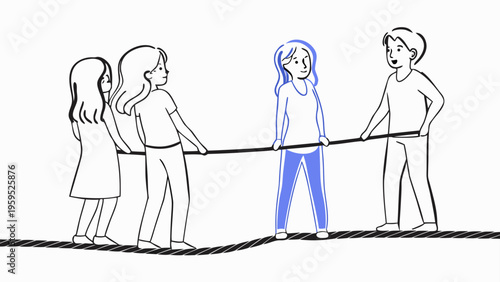 Four simplified characters in a tug of war with one highlighted in blue standing strong against three others on a rope