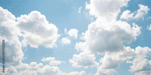 A bright blue sky filled with fluffy white cumulus clouds drifting on a peaceful summer afternoon