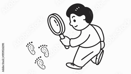 Curious child examining footprints with magnifying glass in hand black and white line art illustration for educational or detective themes