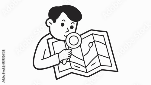 Man examining map with magnifying glass searching monochrome vector illustration navigation concept