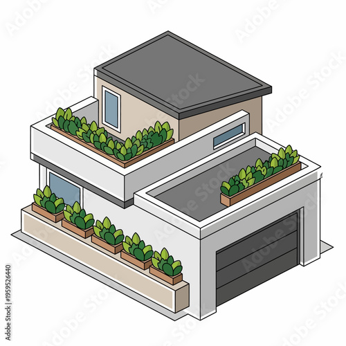 Isometric illustration of a modern multi-story house with a garage and rooftop gardens, featuring clean lines and abundant greenery.