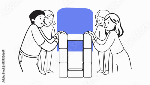 Four people aligning and stacking blocks to build a structure together in teamwork