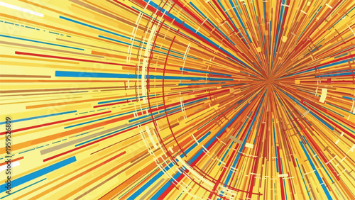 Colorful abstract artwork of radial and linear lines bursting outward