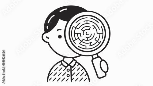 Stylized black and white vector illustration of a person holding a magnifying glass with a maze inside symbolizing problem solving and critical thinking with a puzzled expression
