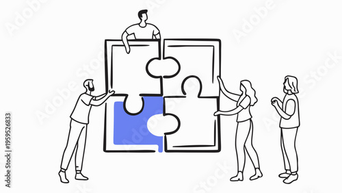 People joining abstract puzzle segments to create a complete picture teamwork and collaboration concept