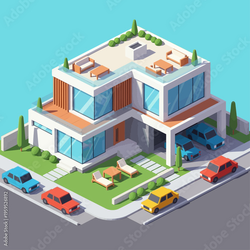 A modern, multi-story luxury villa with a flat roof, large windows, and a carport, surrounded by a manicured lawn, driveway, and several parked cars.