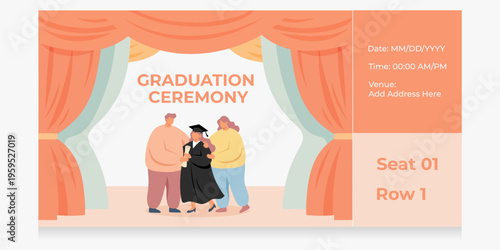 Graduation ceremony ticket featuring a graduate student holding a diploma with man and woman supporting her. Academic achievement celebration event invitation card. Education design concept.