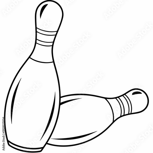 Two bowling pins knocked down in a bowling alley setting shown in a simple line drawing style