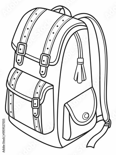 Simple black and white illustration of a backpack with straps and buckles on a plain white background ready for coloring