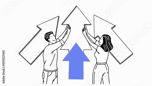 Teamwork and unity concept with two people aligning fragmented arrows into a single upward direction
