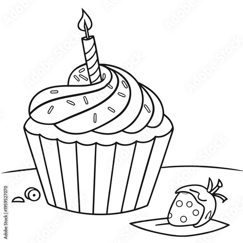 Delicious cupcake with lit candle and strawberry on the side for a sweet celebration or special occasion treat
