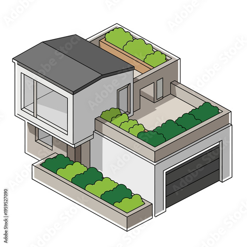 Isometric illustration of a modern house with a garage, featuring multiple levels of green roof gardens and planter boxes.