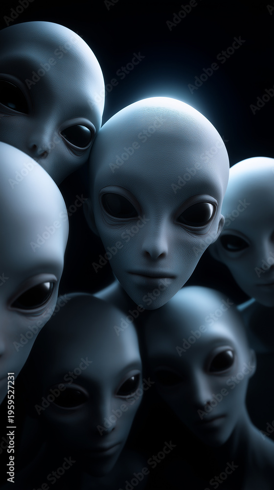 Group of alien faces with large black eyes in dark environment representing extraterrestrial concept.