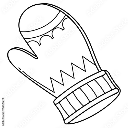 Simple black and white illustration of a winter mitten with decorative snowflakes and cuffs for cold weather activities and fashion designs.