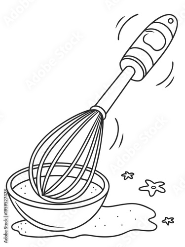 Whisk mixing ingredients in a bowl with a splash of liquid creating a dynamic kitchen scene for cooking or baking activities to prepare a recipe.