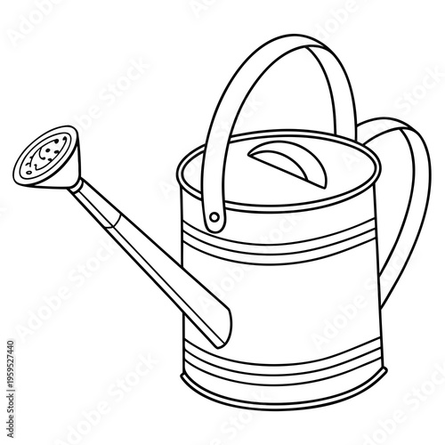Simple black and white illustration of a watering can with a long spout and handle on a plain white background