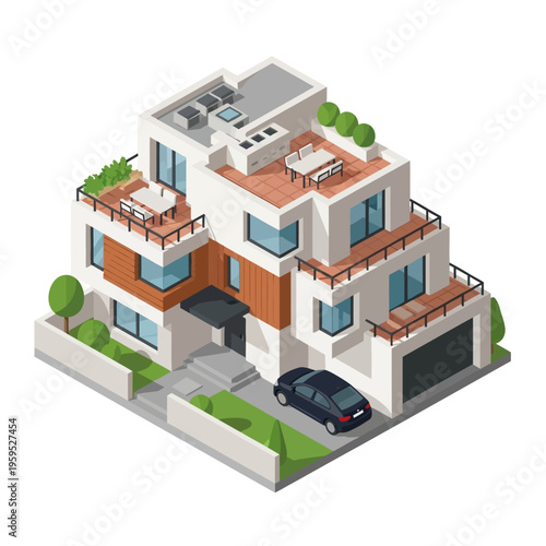 An isometric illustration of a modern multi-story luxury house with a car parked in the driveway and lush green landscaping.