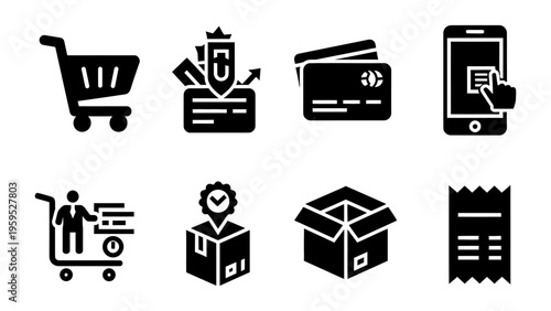 E-commerce and retail icon set featuring shopping cart credit card and delivery symbols for online business