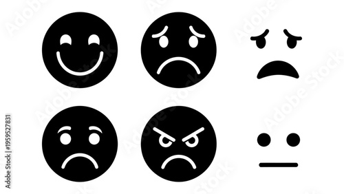 Set of minimalist black and white emoticon icons representing various human emotions for customer feedback and mood tracking