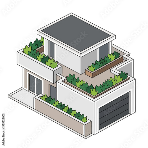 Isometric illustration of a modern house with a flat roof, multiple levels, integrated garage, and abundant greenery on balconies and terraces.