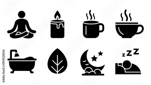 Wellness and relaxation icon set featuring meditation candle tea bath and sleep symbols for self care and mindfulness concept