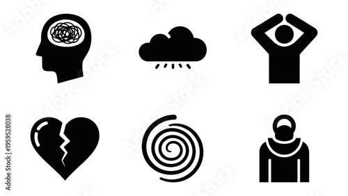 Mental health and depression icon set representing anxiety stress heartbreak and emotional burden for psychology and wellness concepts