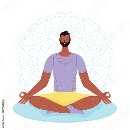 Young man meditating in lotus position with hands in mudra pose. Concept of wellness, mental health, and peaceful lifestyle.