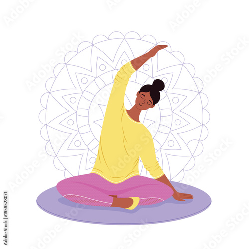 Young woman practicing seated side bend yoga stretch. Concept of wellness, mental health, and physical flexibility.