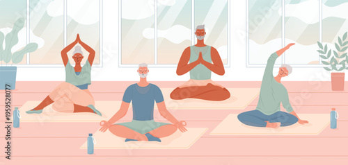 Group of senior men and women practicing yoga and mindfulness meditation in a yoga studio. Concept of active aging and community wellness.