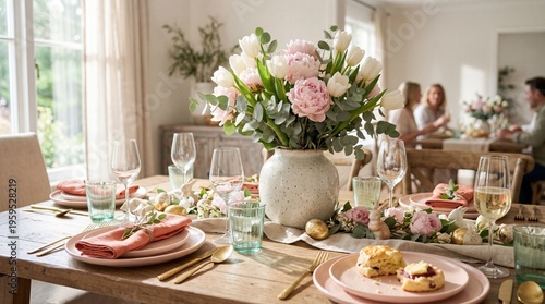 Elegant Easter Brunch Table Setting with Peonies and Tulips Centerpiece Pink Plates and Gold Cutlery in Sunlit Dining Room