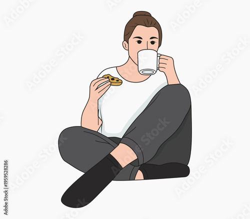 A girl in loungewear sits in a relaxed pose, enjoying a hot drink and cookies. A vector illustration conveying comfort, relaxation, and self-care