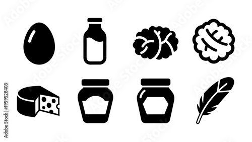 Set of minimalist food and grocery icons including egg milk cheese and vegetables for healthy nutrition and organic lifestyle concept