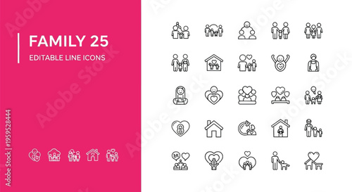 Collection of twenty-five editable black line icons representing diverse family concepts and relationships