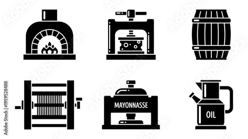 Set of food production and industrial kitchen equipment icons for artisanal manufacturing and culinary processing concepts