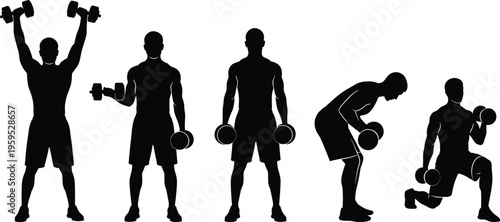 Black Fitness Man Silhouette Vector Set with Dumbbells, Bodybuilder Doing Strength Training Exercises Isolated on White Background for Gym Design,