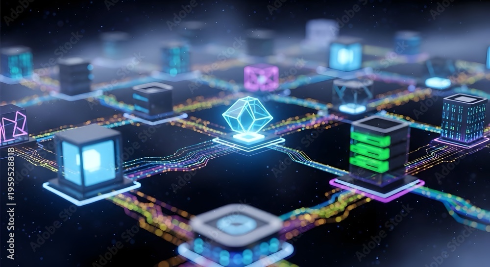 Fototapeta premium A futuristic digital network with glowing blue and green servers connected by neon lines