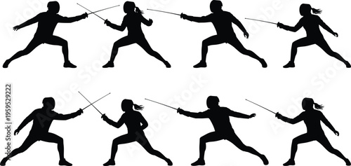 Silhouettes of male and female fencers in various action poses, lunging and parrying with foils, isolated on a white background