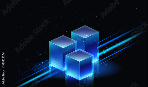 Futuristic 3D Glowing Blue Glass Cubes with Neon Light Streaks Background