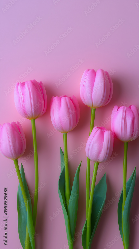 Fototapeta premium Pink tulips arranged on pastel background creating fresh spring floral banner with copy space.