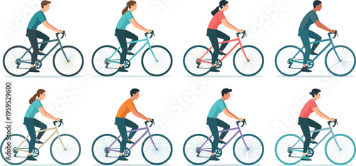 Flat vector illustration set of diverse people riding bicycles for healthy lifestyle commute urban transportation and outdoor fitness activities.