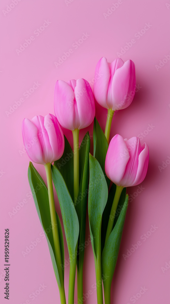 Obraz premium Bouquet of pink tulips on pastel background arranged vertically creating elegant spring floral composition.