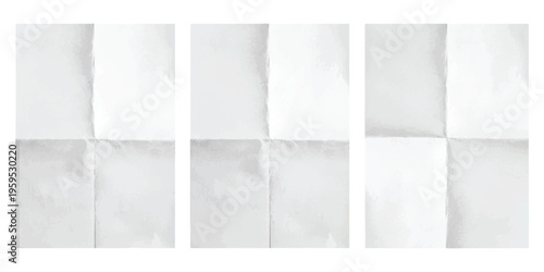 Three white sheets of paper each featuring a clear cross fold pattern against a plain background