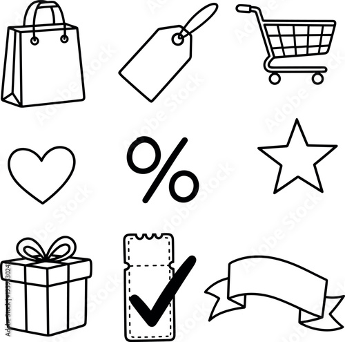 shopping retail commerce icon set with cart bag tag coupon discount gift ribbon heart and star symbols outline illustration on transparent background