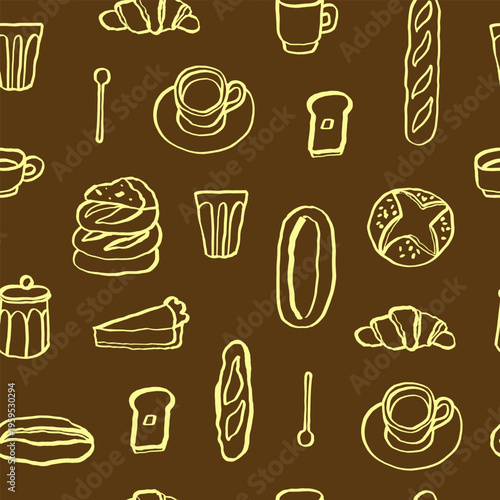 Seamless pattern with loose hand drawn cafe and bakery elements. Vector background featuring coffee cups, croissants, bread and baguettes in naive doodle style 