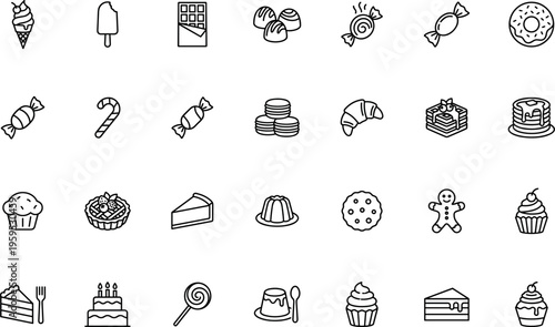 dessert sweets candy bakery pastry chocolate ice cream popsicle donut cupcake cookie cake croissant muffin pudding tart lollipop candy cane chocolate bar snack food icon set illustration on transparen