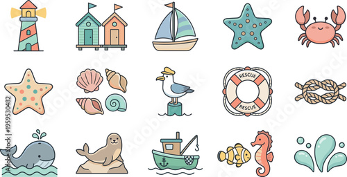 beach sea ocean marine nautical summer icon set with lighthouse sailboat starfish crab shell seagull whale fish seahorse and water splash illustration on transparent background