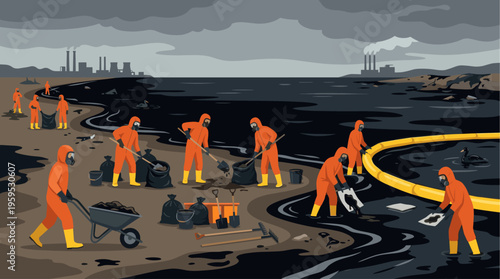 Workers in hazmat suits clean a dark oil spill on a desolate shoreline with industrial pollution in the background.