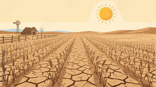 A stylized illustration of a parched farm with rows of withered crops, cracked earth, a derelict barn and windmill under a bright sun.